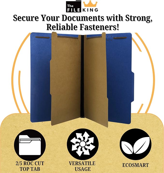 The File King Pressboard Classification Blue Partition File Folder | Legal Size - Box of 10 | Two Dividers | Six 2” Durable Fastener Prongs | 2/5 Cut Top Tab | 2” Expansion