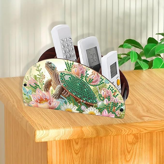 Remote Control Holder with 4 Compartments, DIY Diamond Art Painting Wooden Half Moon TV Control Holder for Remote Controllers, Office Supplies, Makeup Brush, Media Accessories-Turtle