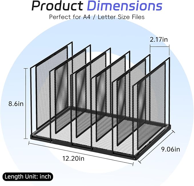 Desk File Organizer, 5 Section Vertical Metal File Organizer for Desk, Desktop File Organizer Stand, Paper Folder Organizer for Office Home Classroom Storage (Black, 5 Section)