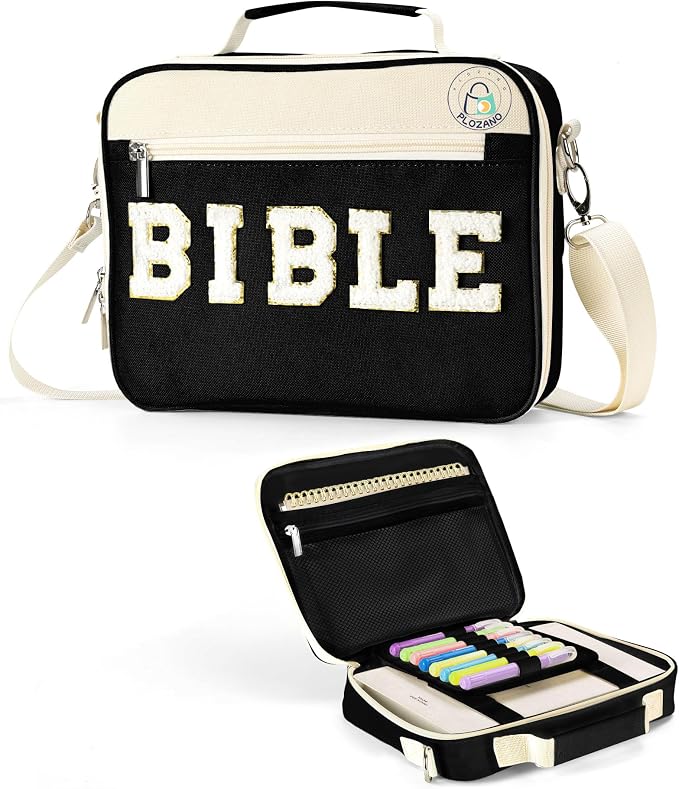 PLOZANO Bible Cover Case for Women, Large Chenille Letter Bible Bag with Shoulder Strap,Black Bible Carrying Tote Bags for Bible Study Accessories, Gift for Women Lady Teen Grils (Black)