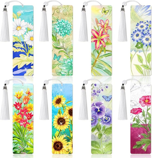 8 Pieces Christian Bible Verse Diamond Art Bookmarks 5d Christian Beaded Bookmark Acrylic Tassel Bookmark for DIY Making Beginners Adults Arts Craft Supplies (Floral-1)