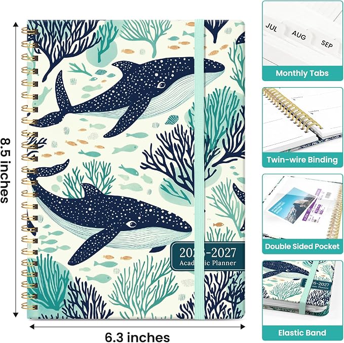 Planner 2026–2027, Weekly & Monthly Academic Organizer for School Year, Jul 2026–Jun 2027, Hardcover Planner with Tabs, Back to School Essential, 6.3" x 8.5", Drifting Whales