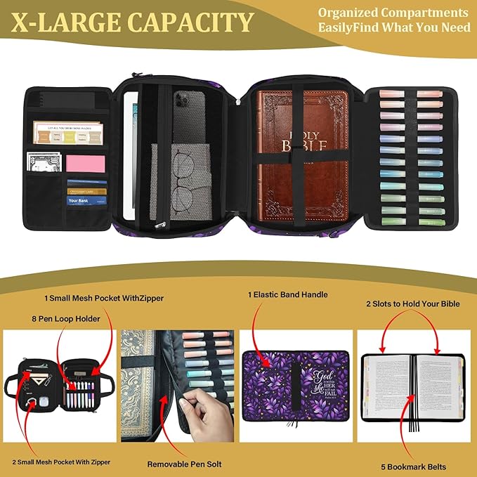 Bible Cover Case for Women with Large Bible Bag, Bible Cover with Journaling Kit & Shoulder Strap, Pens and Highlighters Cross Clips for Bible Study & Church, Christian Gift for Women