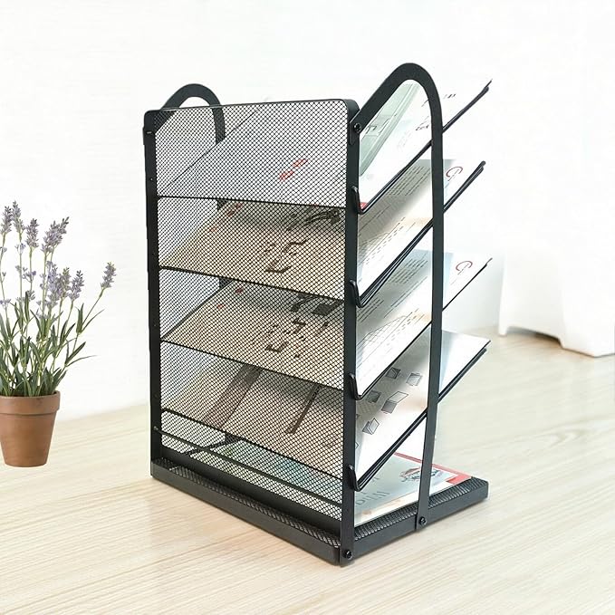 5 Tier Mesh Desk Organizer Letter Tray-Angled File Holder,Black | Metal Office Desk file Organizer with Handle,Paper Sorter Organizer for Office,Home,Classroom or School