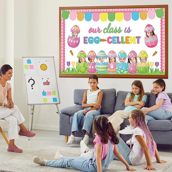Easter Bunny Egg Bulletin Board Set Easter Egg DIY Photo Craft Cutouts Easter Classroom Bulletin Board Decorations Bunny Rabbit Grass Cutouts for Teacher School Office Home Chalkboard Wall Door Decor