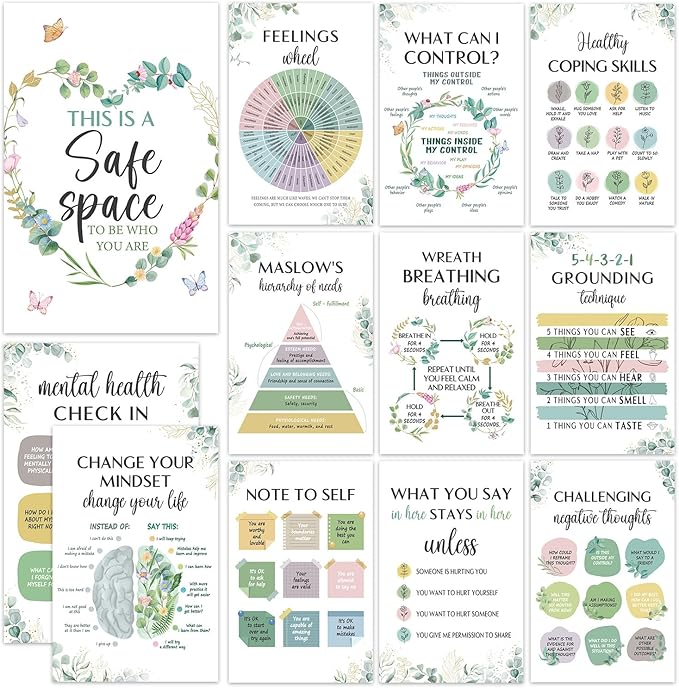 12 Pcs Mental Health Growth Mindset Change Posters Set (11x17") - Safe Space Feelings Wheel Coping Skill Poster for Therapy Counseling Office School Home Wall Decor Counselor Therapist Gifts