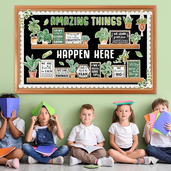 Spring Greenery Bookshelf Bulletin Board Motivational Quotes Potted Plant Cutouts Amazing Things Happen Here Classroom Bulletin Board Decoration for Back to School Chalkboard Wall Door Decorations