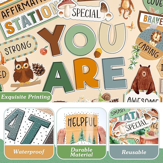 45pcs Woodland Bulletin Board Set Motivational Posters Classroom Mirror Growth Mindset Decor Positive Affirmations Accents Cutouts for School Office Home Teacher Wall