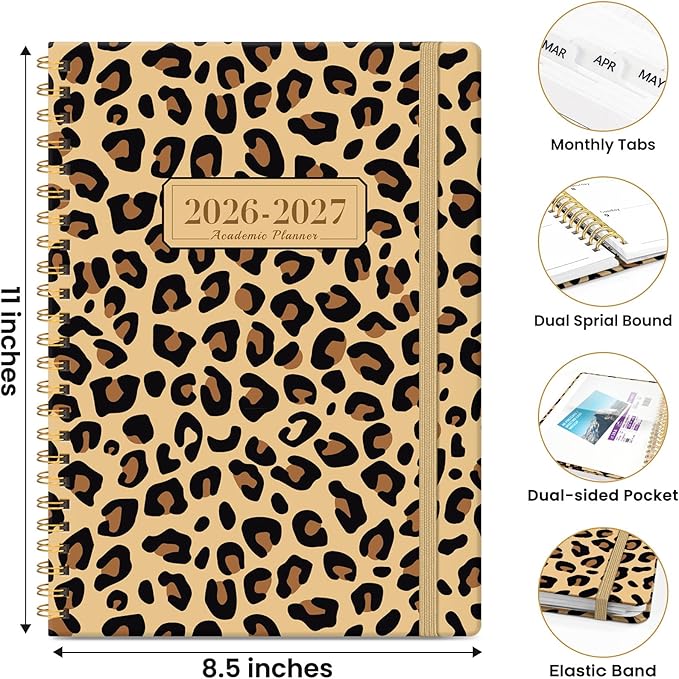 Planner 2026-2027, Monthly and Weekly Academic Planner July 2026 - June 2027, Hardcover Student Teacher Planning Agenda Calendar Book with Tabs, Perfect for Office School Supplies, A4 (8.5" x 11") - Leopard