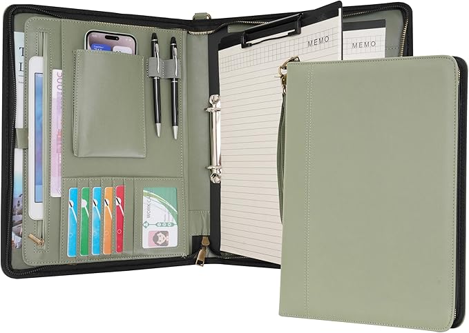 Wason A4 Portfolio with Zipper - Leather PU Padfolio with Detachable Ring Binder and Writing Notepad Holder, Conference File Multi-Pockets Organizer for Office Travel School (Green)