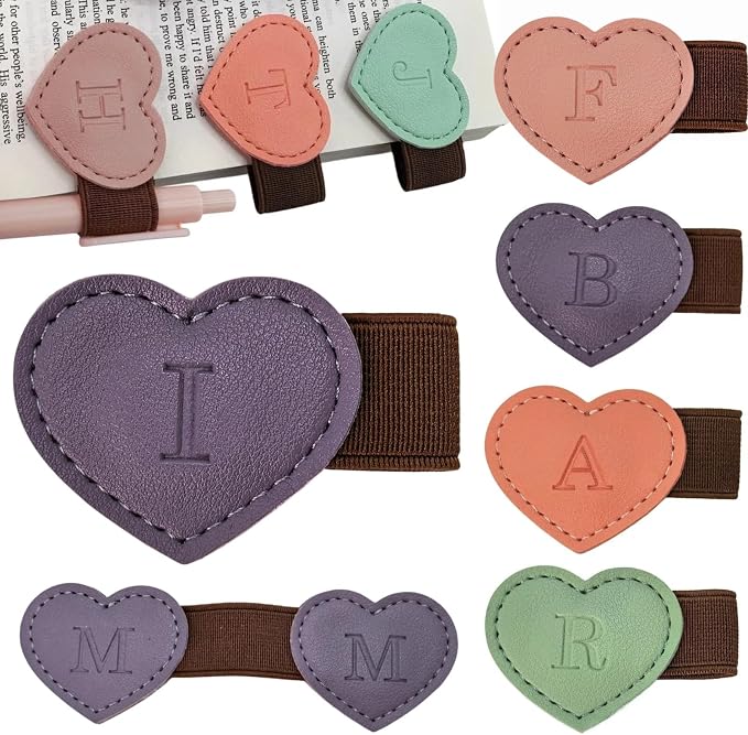 Personalized Magnetic Leather Heart Bookmark with Pen Holder - 26 Letters Custom Book Mark Notebook Pencil Loop with Initial Book Marker for Readers, Book Lovers- Gifts for Women Men(Purple,I)