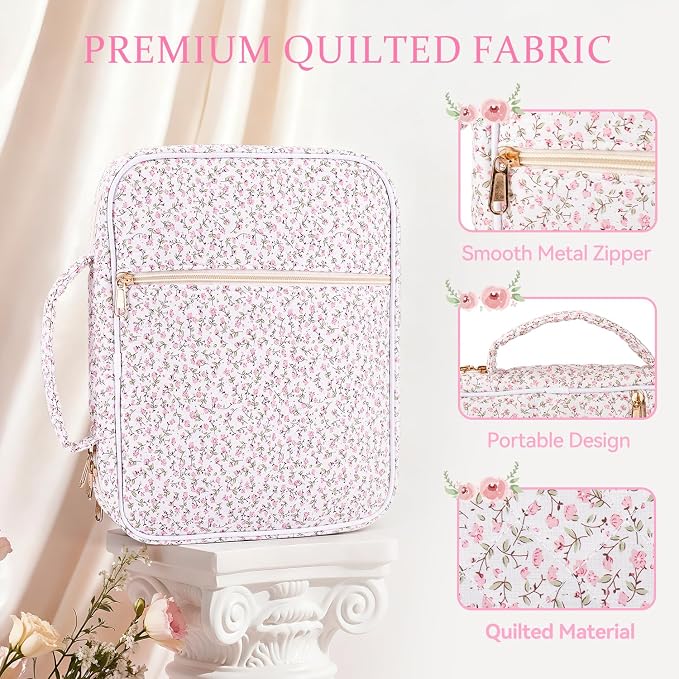 Bible Cover Case for Women Large Quilted Bible Carrying Bag with Handles Bible Study Supplies & Accessories Christian Gifts for Women(Mini Pink Flower, M)
