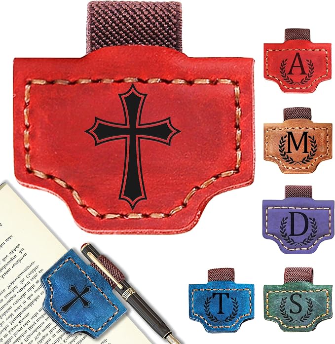 Personalized Leather Magnetic Bookmark with Pen Holder, Bookmark 26 Letters Name Initial Bookmarks for Readers, Book Lover Gifts for Women Men Notebook Accessories (Red, Cross)