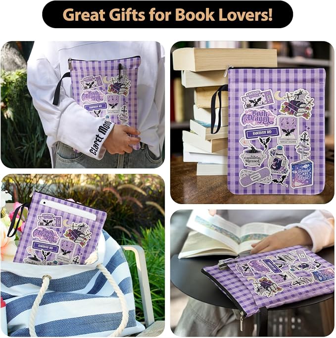 The Fourth Wing Purple Checkered Collage Style Book Covers for Book Lovers with Handle, Book Club Book Sleeve Pouch Gifts for Backtoschool, Reading Accessories for Women Friends Reader Bookish