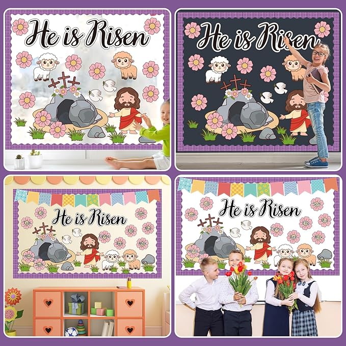Easter Bulletin Board Set He is Risen Spring Easter Classroom Decorations Christian Jesus Cross Cutouts Flower Name Tags Purple Plaid Bulletin Board Borders for Church Sunday School Wall Door Decor