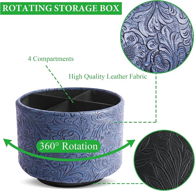 lizimandu Round Leather Art Supply Organizer,Remote Control Holder,360 Degree Spinning,Multi-Functional Pencil Holder,4 Compartments Desktop Stationary Organizer(1-Carved Dark Blue)