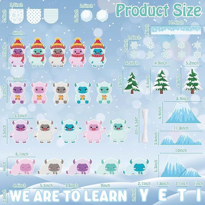 Christmas Bulletin Board Decoration - 123pcs Snow Monster Cutout with Banner Decor Set, Winter Yeti Fireplace Chalkboard Classroom Wall Accents Ideas Kits for School Class Home Supplies