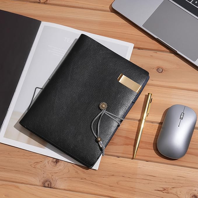 WONDERPOOL Leather Journal Lined Paper Notebook & Pen - Refillable 6 Ring Binder Writing Spiral Diary with Ruled Notepads Vintage Cover for Office Travel Work and Plan Agenda (a-Black, A5)
