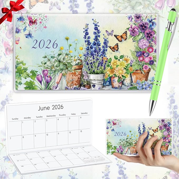 Gueevin 2026 Pocket Calendar for Purse with Pen Small Pocket Planner Handy Weekly Monthly Planner Journal Writing Notebook Valentine New Year Gift Sister Friend Women(Garden,Light Green)