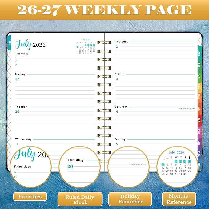 2026-2027 Planner - 8.4"x 6.3" Planner Weekly and Monthly 2026-2027, from JULY 2026 to JUNE 2027, Academic Planners 26-27with Tabs, Twin-Wire Binding, Inner Pocket, Thick Paper - Dreaming Sea