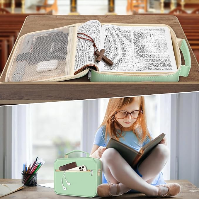 FINPAC Large Bible Cover w/Shoulder Strap, Carrying Book Case Church Bag Bible Protective w/Pen Slots and Zippered Pocket, Gift for Women Lady, Letter Green