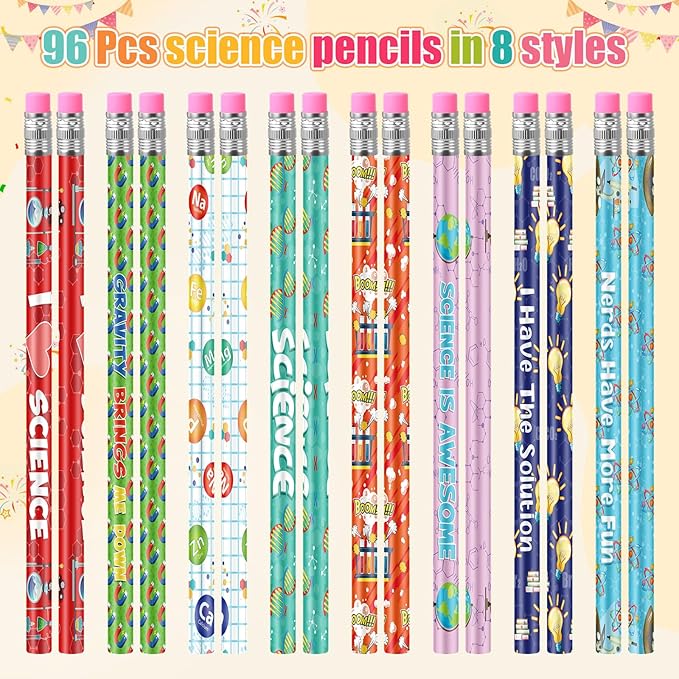 Nezyo 96 Pcs Science Pencils Bulk Lab Week Gifts 2026 Science Party Favors Cute Chemistry Pencils with Erasers and Motivational Sayings for Fun Scientist Theme Birthday Gifts Reward Teacher Supplies