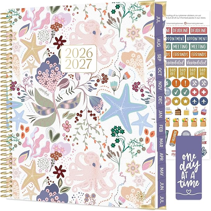 bloom daily planners HARDCOVER Planner 2026-2027 (8.5" x 11") Academic Year (July 2026 - July 2027) - 13 Months Task Goal Planner for Women - Monthly & Weekly Agenda Book - Seaside Whimsy