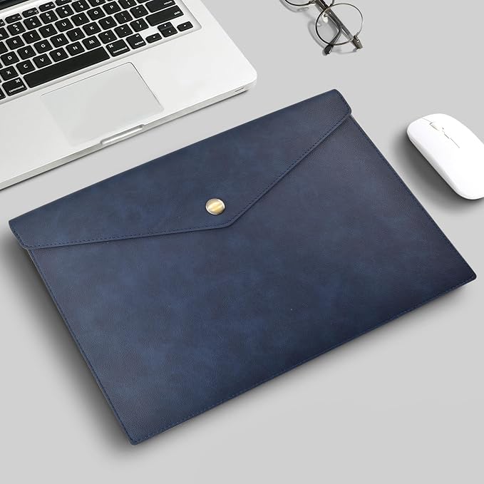VANRA 1 Piece PU Leather File Folders A4 Document Holder File Envelope Waterproof Portfolio Filing File Organizer for Letter Size with Snap Button Closure (Navy Blue)