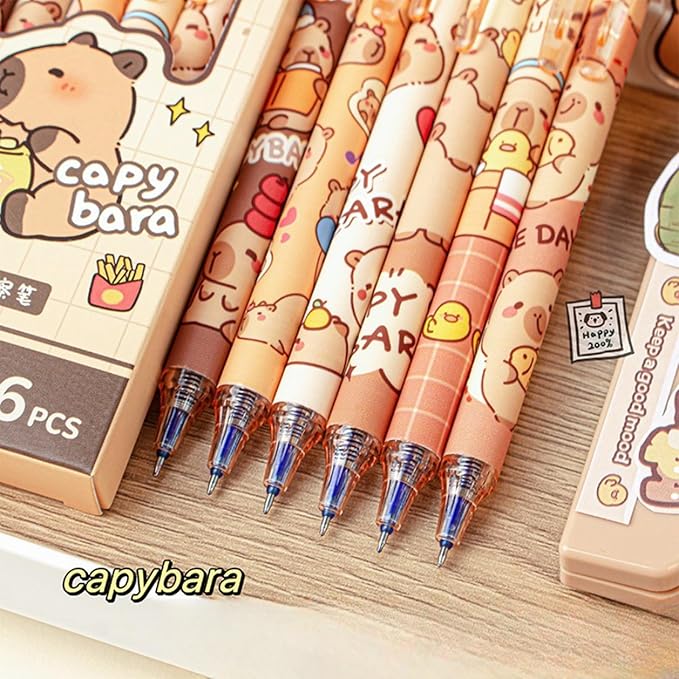 6 Pcs Capybara Erasable Gel Pens Retractable Pens - Erasable Gel Ink Pens Cute Cartoon Design, 0.5mm Fine Point Blue Ink, Perfect for Office, School