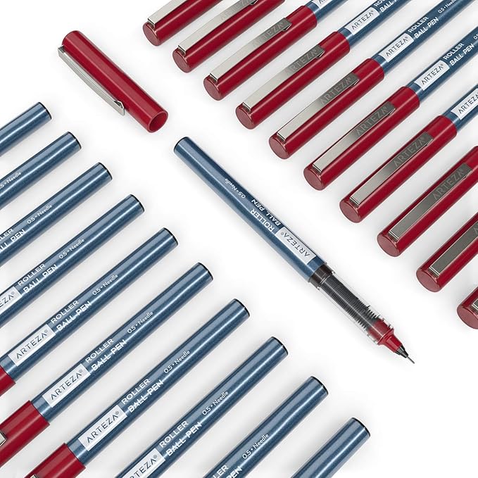 ARTEZA Rollerball Pens Fine Point, Set of 20 Red Liquid Ink, Extra Fine 0.5 mm Needle Tip Pen, Make Precise Lines