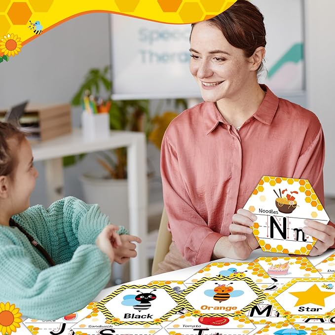 Bee Themed Alphabet Number for Classroom Wall Honeycomb Bulletin Board Manuscript Educational Cards ABC Letters Numbers Shapes Colors Poster for Preschool Elementary Early Learning Decor