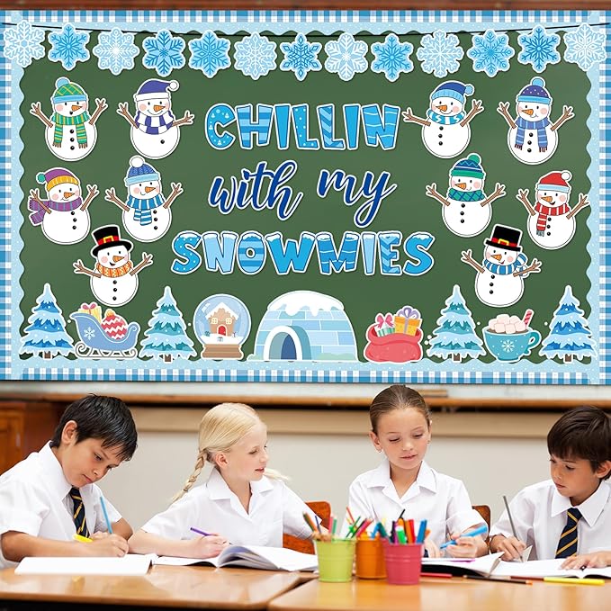 Winter Bulletin Board Decoration Set Christmas Snowman Classroom Decorations Chillin with My Snowmies Bulletin Board Winter Tree Snowflake Cutouts for Holiday Party School Home Chalkboard Wall Decor
