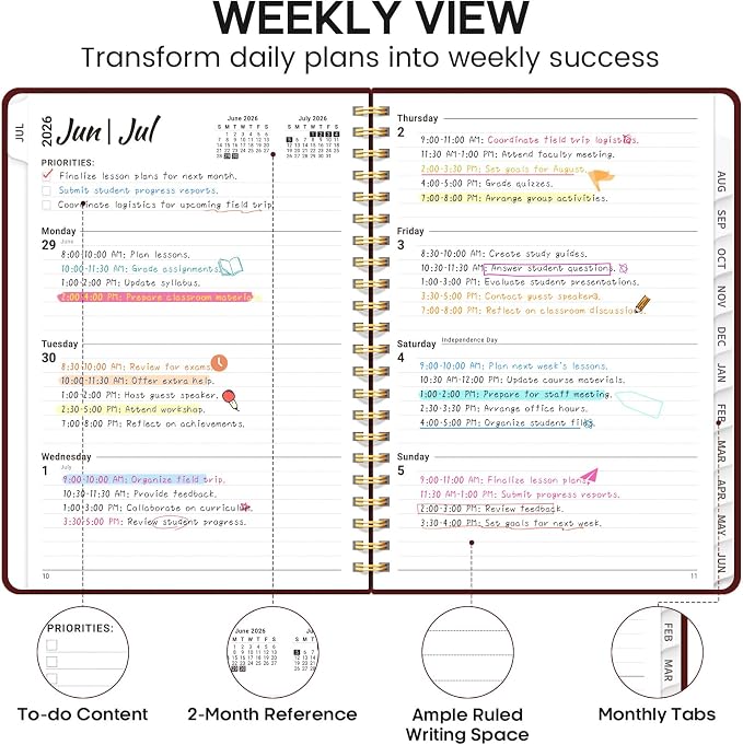 Academic Planner 2026-2027, Weekly and Monthly Calendar Planner Book, July 2026 – June 2027, Hardcover Organizer with Tabs, Perfect for Teachers, Students, Women & Men, A5 (6.4" x 8.5") - Burgundy