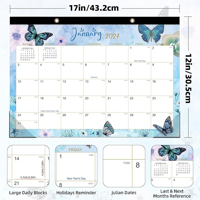 ZTX Desk Calendar 2026-2027,18 Month Academic Desk Calendars,17"x12" Jul.2026-Dec.2027 Calendar with Clear Plastic Cover for Teacher School Year Home Butterfly