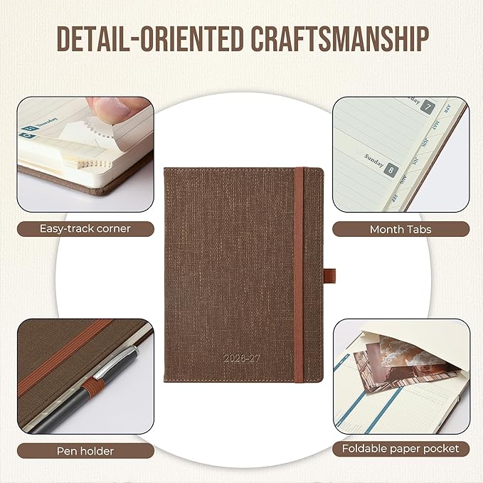 Planner 2026-2027 Weekly & Monthly Planner, 18 Month Academic Calendar July 2026 – Dec 2027, Horizontal Layout with Monthly Tabs, Textured Fabric Hardcover, Coffee