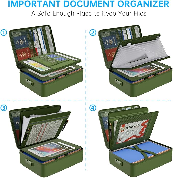 ENGPOW 5200 Fireproof File Organizer Bag with 13 Pocket Accordion File Folder, Document Organizer Box with Lock & Labels, Multi-Layer Portable Home Travel Safe Storage for Important Documents, Green