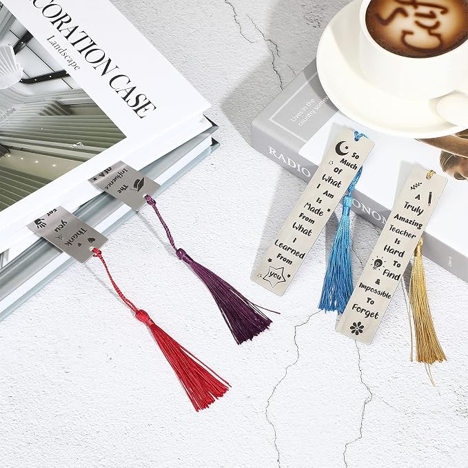 Zonon 4 Pcs Metal Bookmarks End of Year Teacher Gifts Graduation Book Page Marker with Pendants Thank You Gifts for Teacher Appreciation Women Instructor Birthday Reading Lovers Office(Vivid Style)