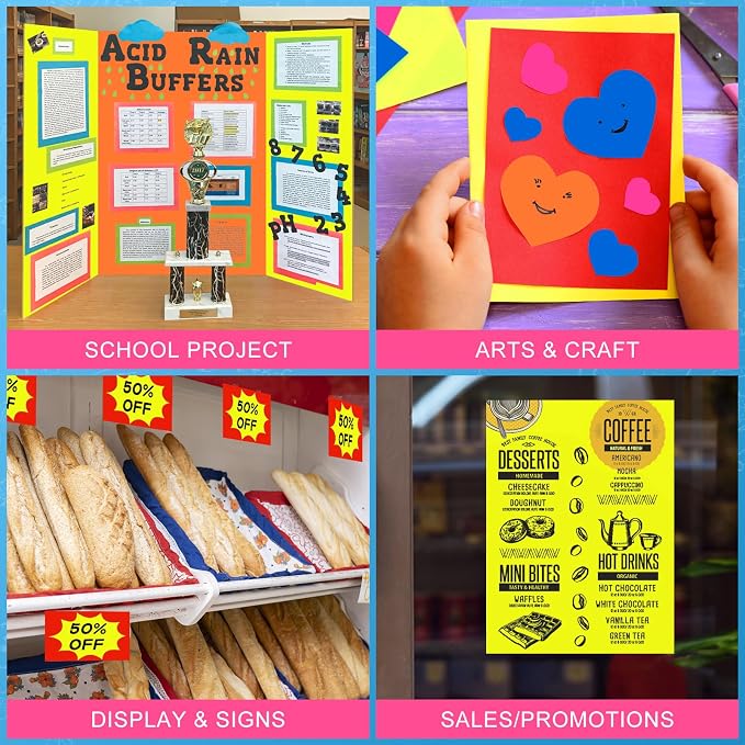 VinTS 30 Sheets Neon Colored Poster Board,11.7 x 16.5 Assorted Poster Paper, Colorful Poster Board Bulk For School Craft,Science Fair Project,Drawing,Display,Party Decorate