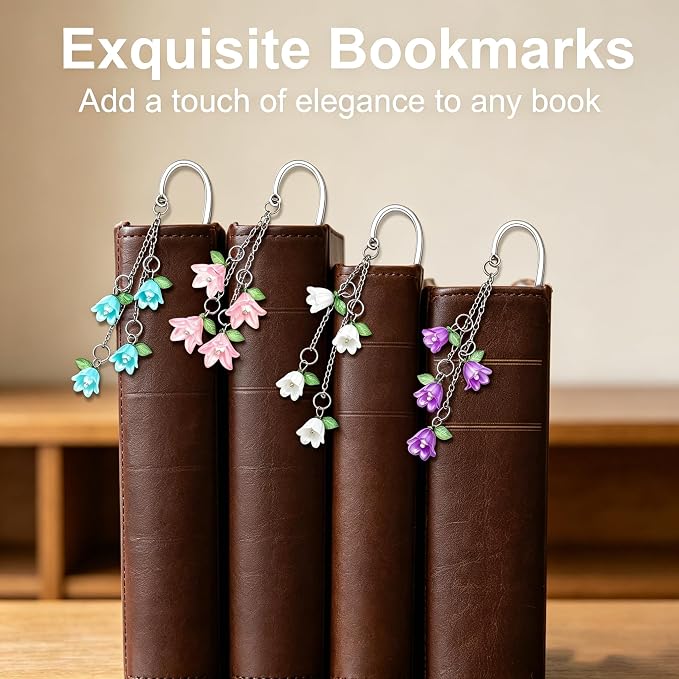 4PCS Bookmarks for Women Reading Metal Book Mark for Readers Book Lovers Aesthetic Cute Bookmarks Silver Personalized Floral Bookmark with Pendants Pretty Book Accessories Reading Gifts