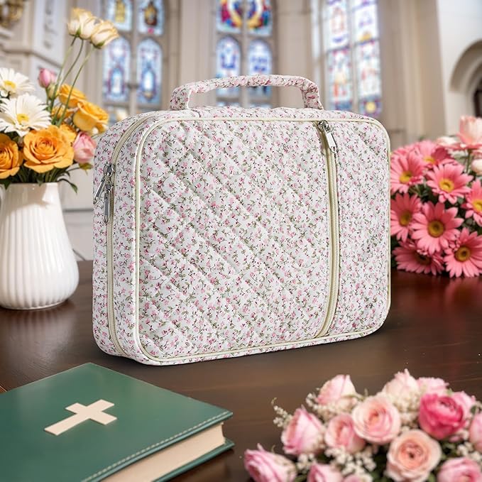 WOBAGMEN Bible Cover Case for Women,Large Bible Tote Bags Organizer Quilted Carrying Case for Girls,Bible Study Supplies Accessories Christian Gifts for Women (Pink Floral, L)