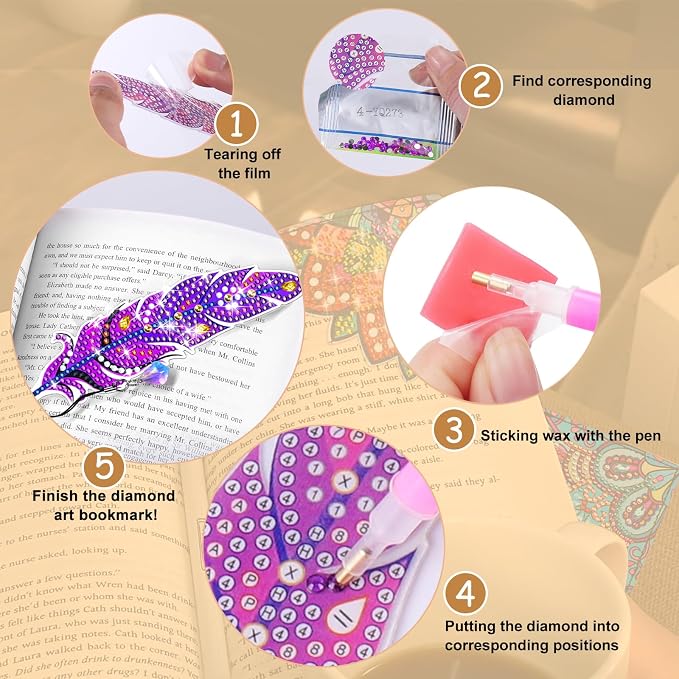 Diamond Art Bookmarks, 6 Pcs Cute Diamond Art Bookmarks for Book Lovers, DIY Feather Bookmark Diamond Art Kits for Kids