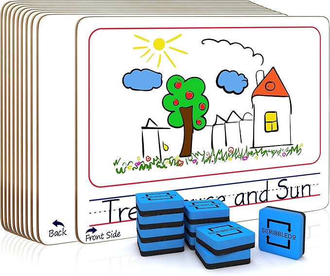10 Pack Double Sided Whiteboards 9”x12” Story Lined Dry Erase Boards for Kids Writing Board Age 3-5 Practice Drawing Small White Board Teacher Elementary Grade 1 Kindergarten Preschool + Erasers