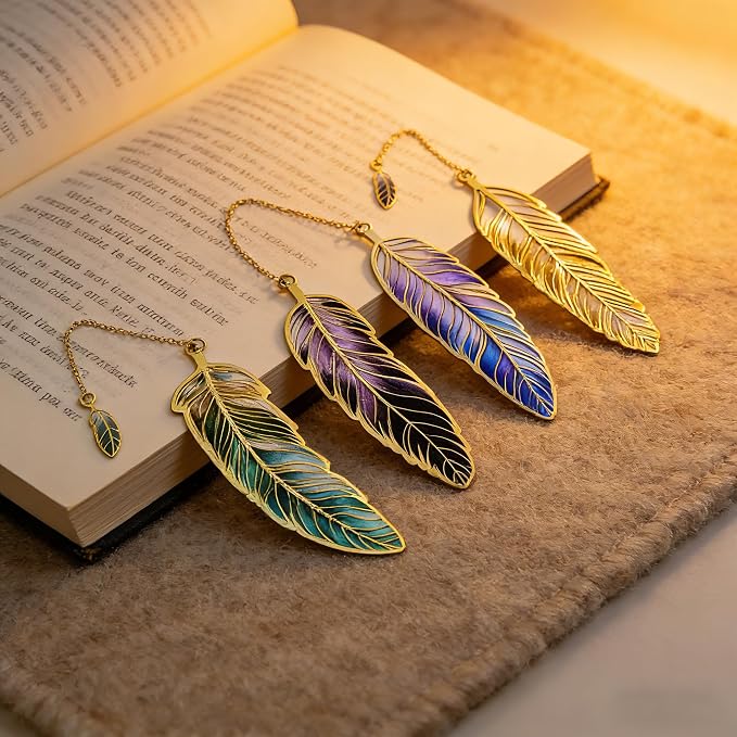 4Pcs Fantasy Feather Bookmarks for Books, Metal Bookmark with Chain, Unique Reading Accessories for Women Book Lovers, Teachers, Students