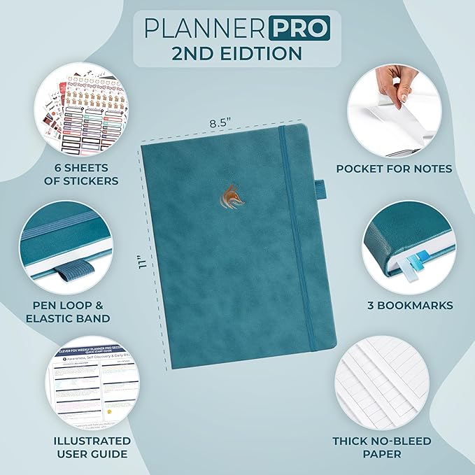Clever Fox Planner PRO 2nd Edition – Undated Weekly Agenda Planner for Setting Goals, Tasks & Time Management – Life Organizer with To-do Lists & Habit Trackers – Large Format, 8.5x11″ (Dark Teal)
