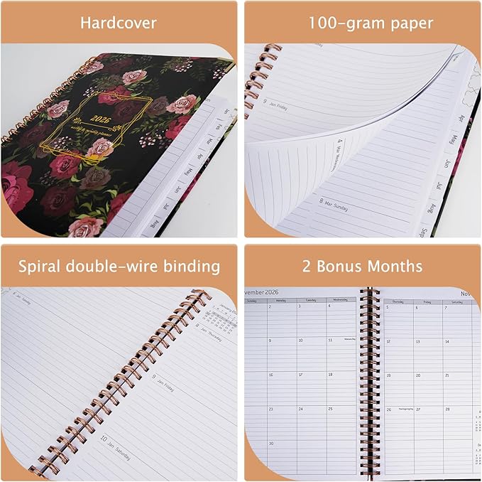 2026 Appointment Book,Weekly and Monthly Calendar Planner for Women, Jan 2026 - Dec 2026, Hardcover Planning Agenda book with Tabs, Spiral Bound, Inner Pocket, Perfect for School Office Supplies, 8.4" x 6.3" (Black and Rosa)
