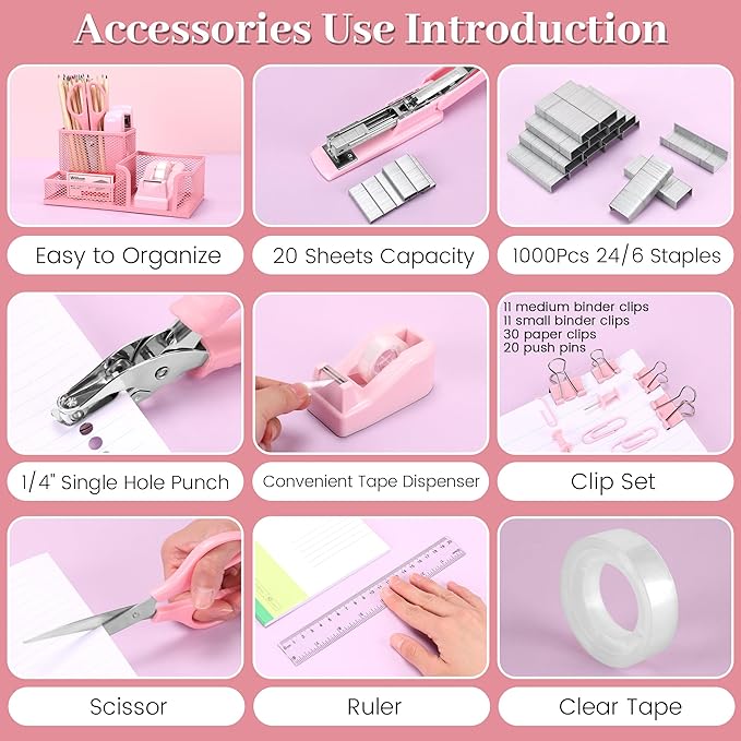 Pink Office Desk Accessories, 9 Pcs Desk Organizers and Accessories with Mesh Pen Holder, Stapler, Tape Dispenser, Hole Punch, Office Supplies Set for Office Home School Women Students Gift