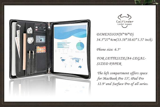 Calfinder Personalized Portfolio for Women&Men, Free Name Engrave,Customized Leather Padfolio with Logo or Name, Business Portfolio with A4 Writing Pad Holder for Resume,Interview