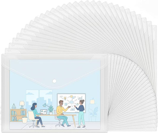 EOOUT 30pcs Plastic Envelopes, Clear Reusable Poly Envelope Waterproof File Folder with Snap Button, US Letter, A4 Size, for School Office Supplies