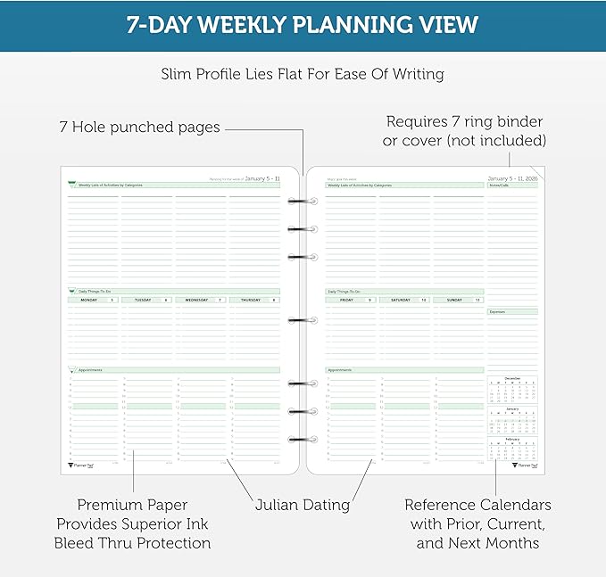 Planner Pad 7 Hole Loose Leaf January-December 2026/ Calendar Year 8 1/2" x 11" Large 3-Tier Funnel Down 12 Month Organizer, Soft Green Ink