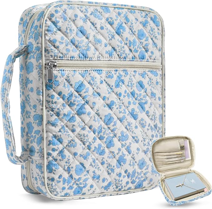 Large Bible Cover Case for Women, Large Floral Quilted Cotton Bible Carrying Cases Protective Bag with Handle and Zippered Pocket for Christian, Bible Study Supplies Christian Gifts (Blue Floral)